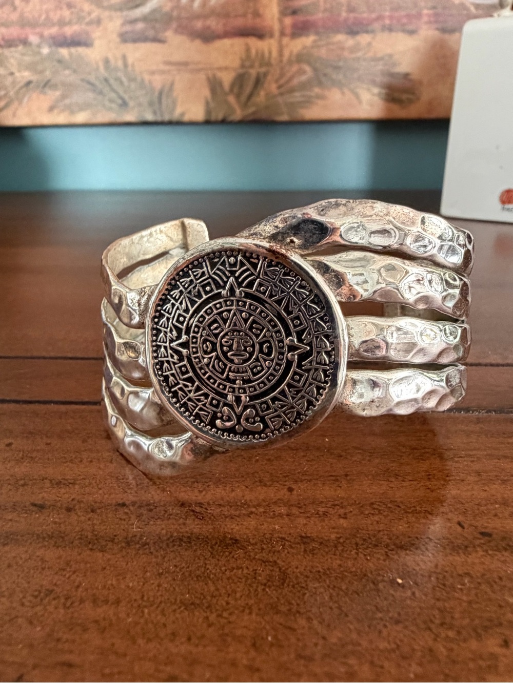 Vintage “925”Textured Silver Cuff Bracelet with Aztec Medallion